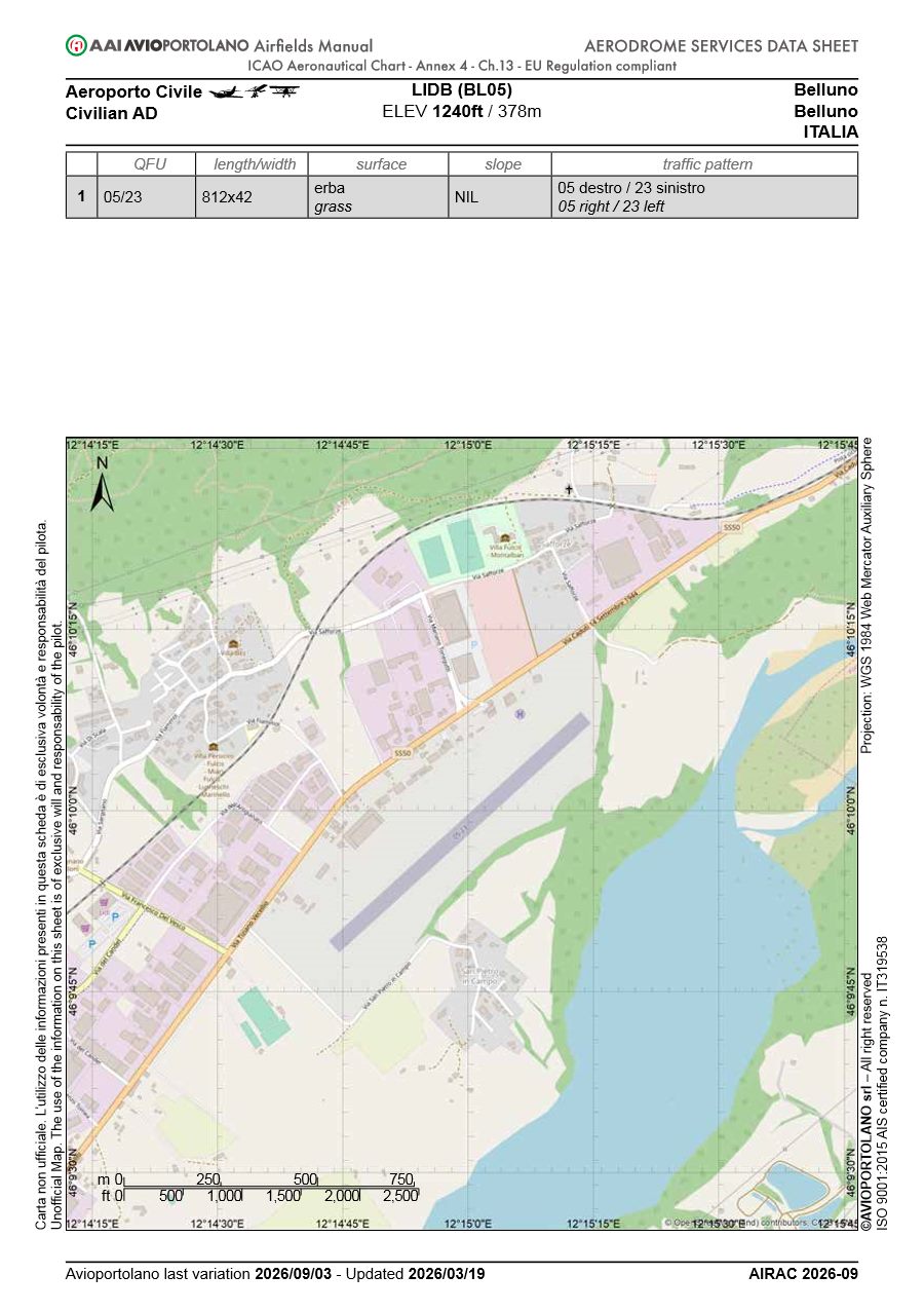 Scheda dei servizi Avioportolano dell'aeroporto di Belluno LIDB, con la mappa del campo